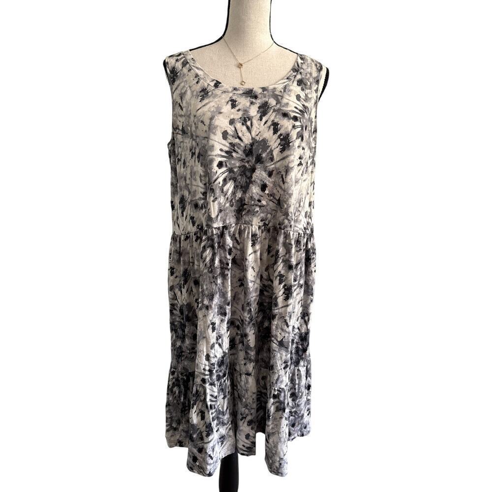 Women’s Gray Tie Dye Midi Tank Dress Pockets Cotton Blend Sz M Boho Resortwear